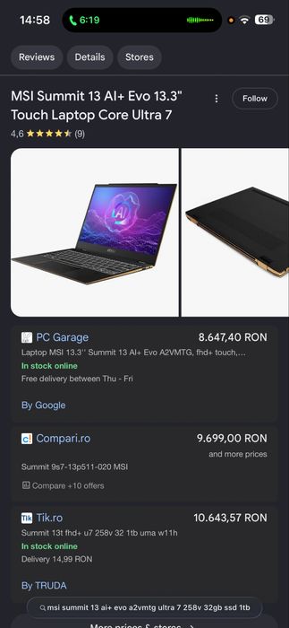 Laptop Ultrabook MSI 13.3'' Summit 13 AI+ Evo A2VMTG Intel Ultra 7 ssd 1Tb