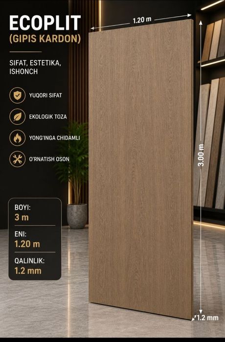 Ecoplit devor paneli | Zamonaviy ichki bezak | 3.00×1.20 m