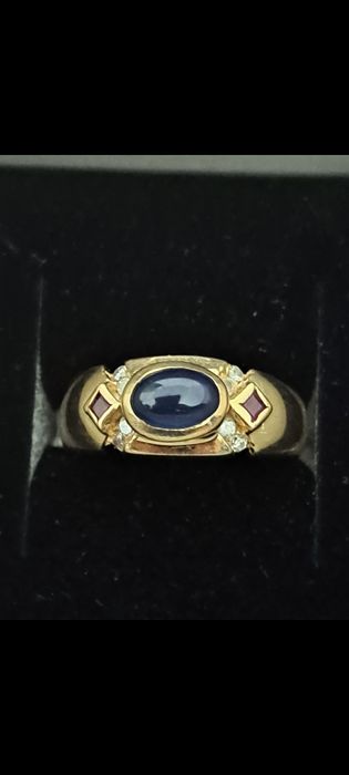 Inel 14 k Safir albastru+Diamante naturale+ Rubin