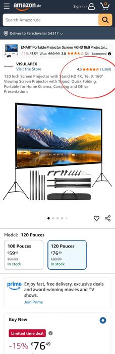 Преносим екран за проектор VISULAPEX 120" 4K със стойка и чанта