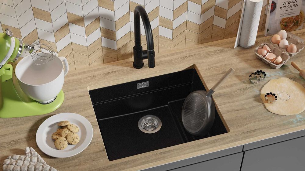 Черна гранитна мивка за вграждане под плот Прага 60 Level 560 x 470 мм