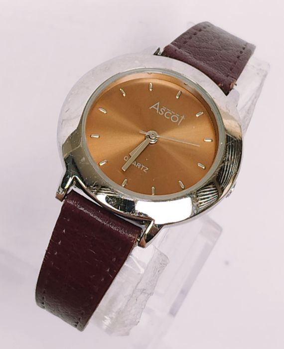 Ceas Ascot de damă cu quartz, carcasă din oțel inoxidabil, curea piele