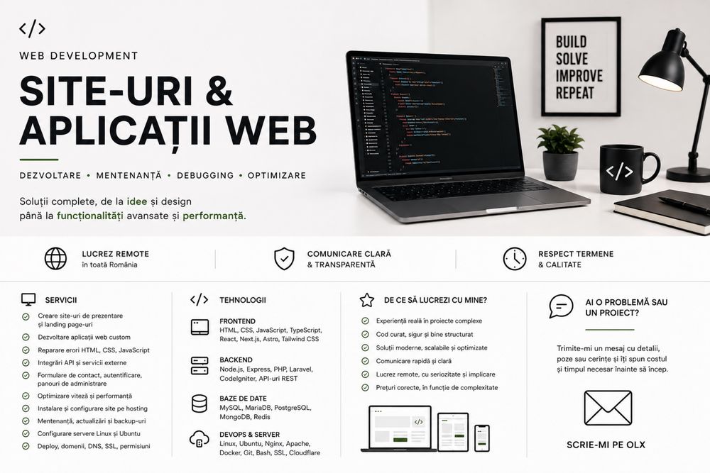 Fac site-uri web și rezolv probleme PHP, WordPress, React, NodeJS si MySQL