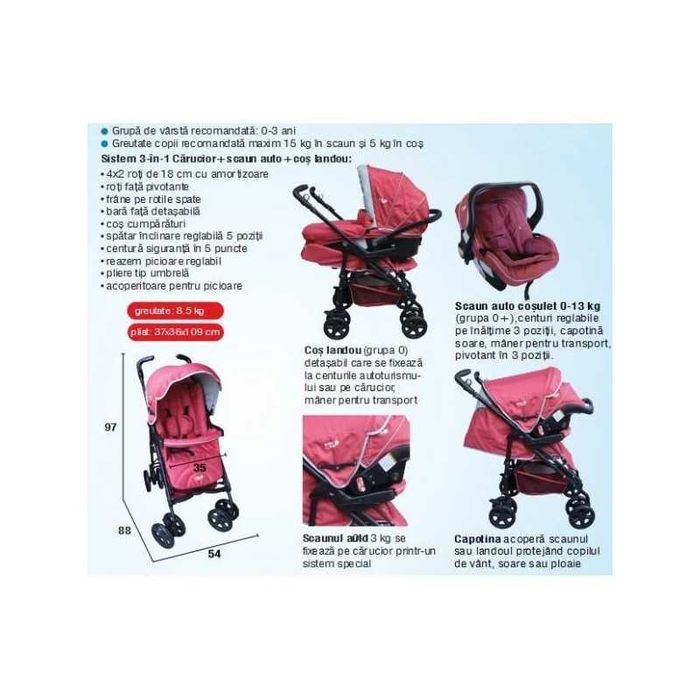 Primii Pasi - 3-in-1 Carucior + scaun auto + cos landou