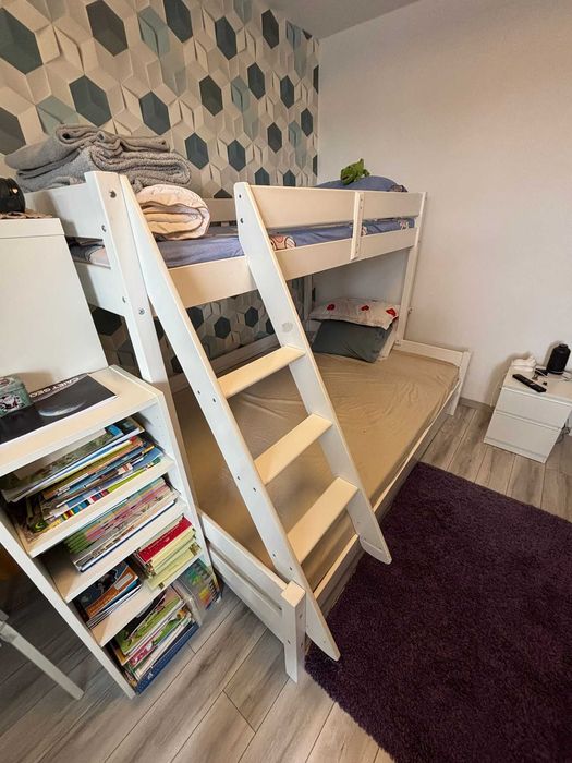 Pat etajat Lemn Masiv + cutie depozitare sub pat + saltea 90x200