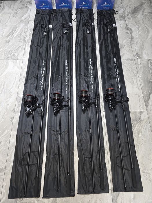 SET 4 Lansete 3,90metri PRO FL Strong Carp 3.5lbs 2segmente + 4 Mulinete EastShark S CARP 8000 6+1RULMENTI NEW 2026