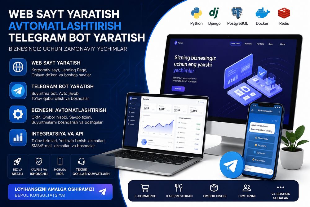 Biznesingiz uchun CRM, Web Sayt va Telegram Bot