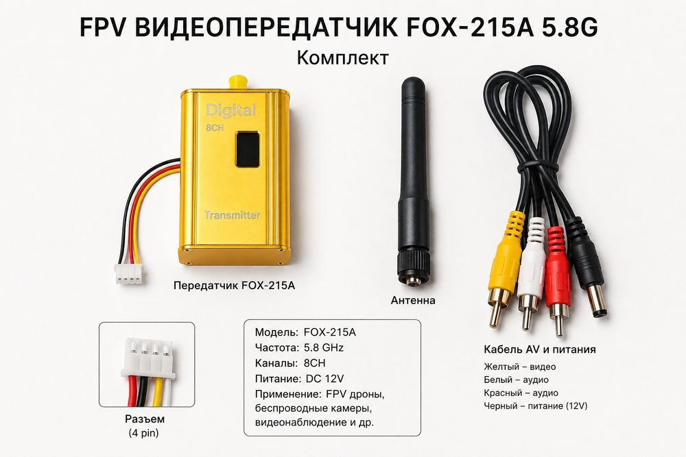 FPV видеопередатчик FOX-215A 5.8 GHz, 12 В, новый, с кабелями.