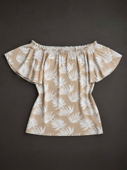 Top de vara cu umeri goi bluza eleganta bej floral