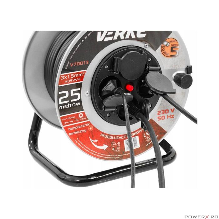 Rola prelungitor cablu negru, cu cadru metalic, 20 metri 3 x 1,5 mm