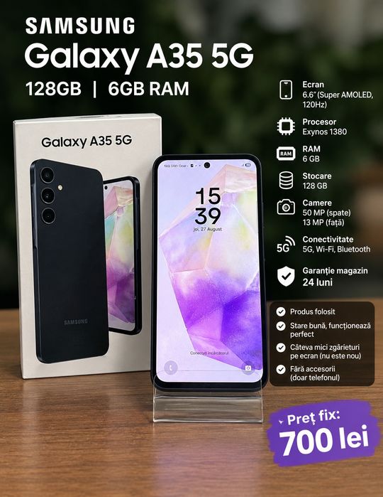 Telefon Samsung Galaxy A35 5G Impecabil  128GB 6GB Ram Garantie Magazin 24 Luni Trimit Schimb Preț fix
