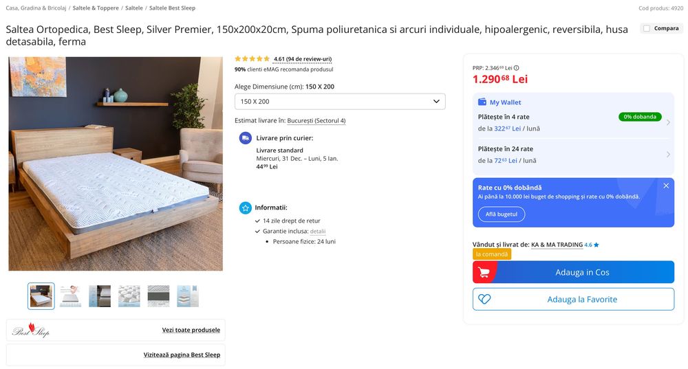 Saltea ortopedică Best Sleep Silver Premier arcuri împachetate 150x200