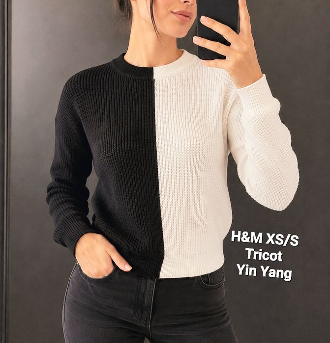 Bluză tricotată H&M alb negru XXS XS cropped  tricotata yin-yang