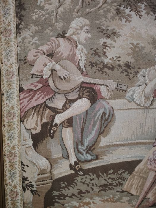 Superba tapiserie veche scenă galantă pastorală cu figuri aristocrati