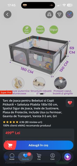 Țarc de joacă pentru bebeluși și copii Pitikot 180×150 cm și 69 cm înălțime