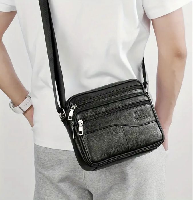 Мъжка кожена правоъгълна чанта за през рамо /Черна и кафява ест. кожа!