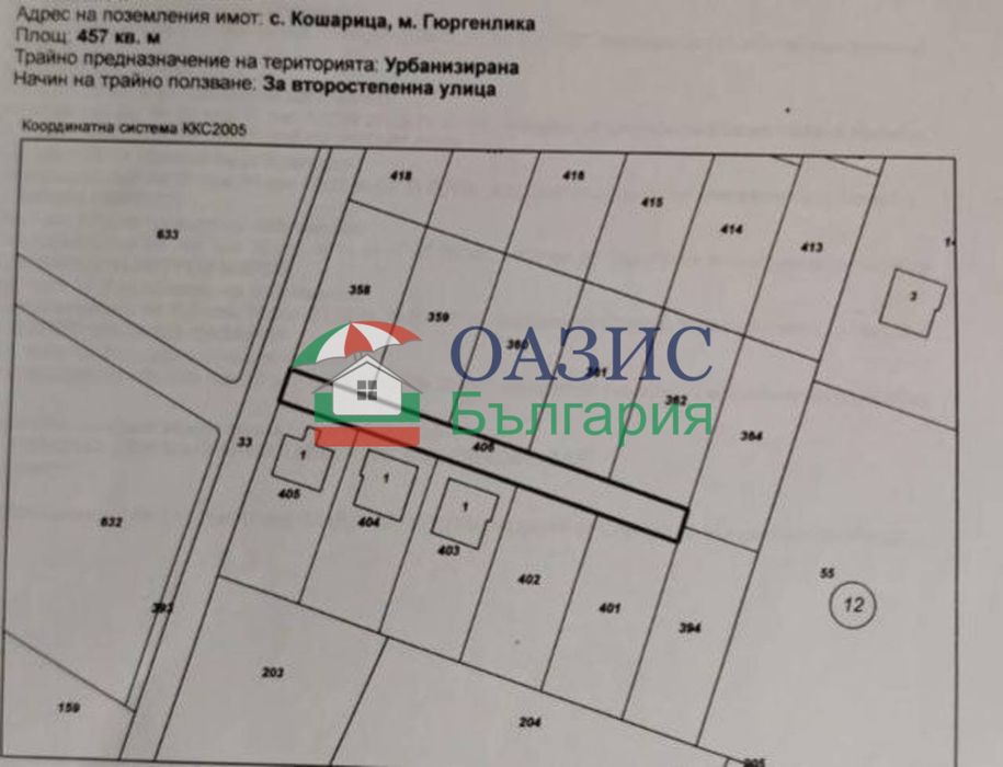 Парцел 496 кв. м., урбанизиран, с Кошарица, България, цена 33000 евро