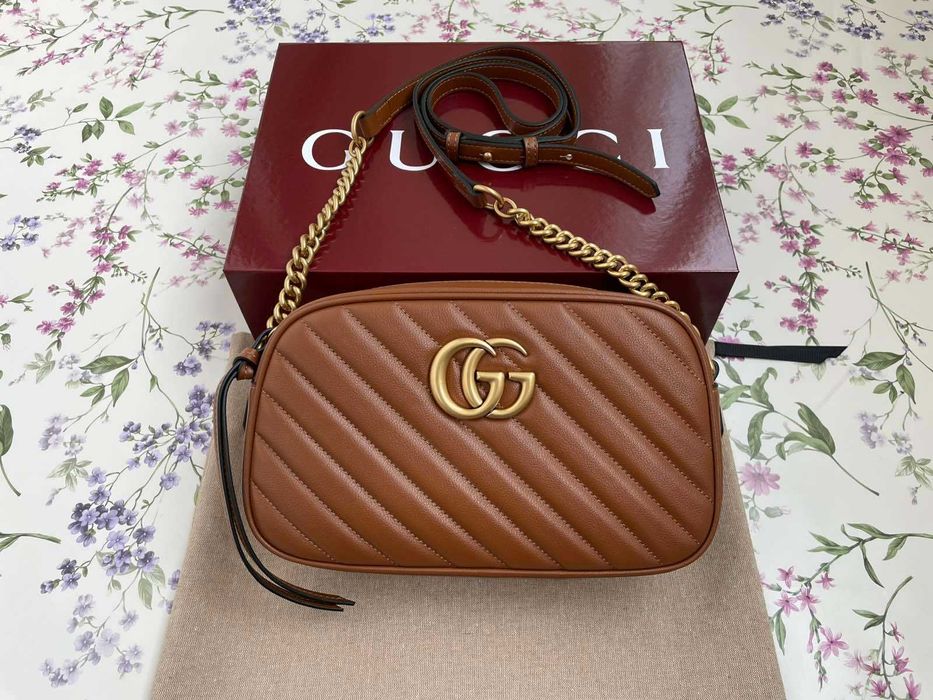 Оригинална Gucci Чанта Marmont Кафява Шеврон кожa Гучи Златно GG Лого и Аксесоари