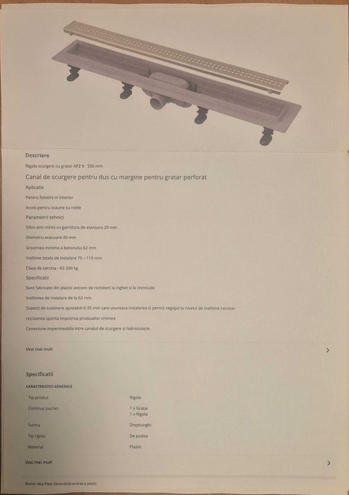 Dus - rigola scurgere cu gratar APZ 9 550 mm Alcadrain