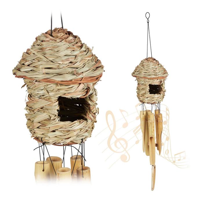 Clopot de vant cu casuta pentru pasari din bambus si paie 67 x 13 cm
