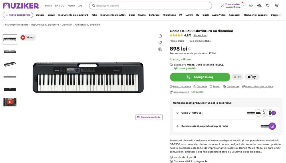 Casio CT-S300 – pian, claviatură 61 de clape cu dinamică