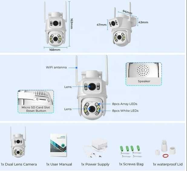 8 Mpx WiFi въртяща камера с двоен обектив, проследяване на движение