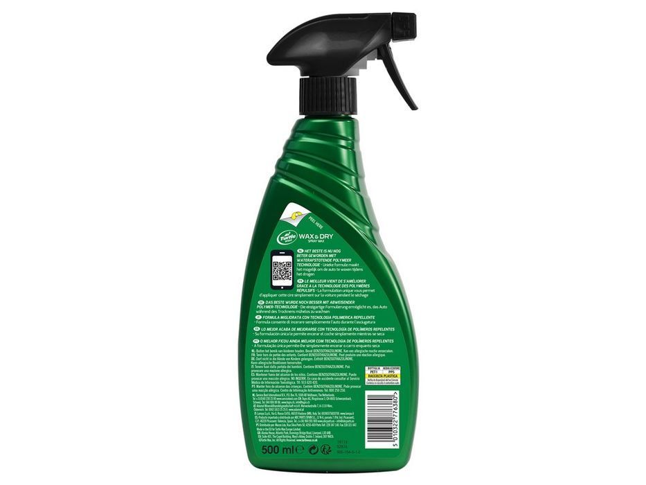Ceara si solutie de curatare auto Turtle Wax Green Line Wax & Dry 500 ml, pentru lac si vopsea, activata de apa, cu luciu intens si protectie