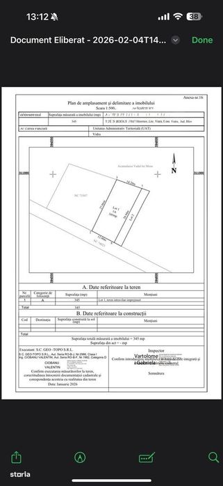 Teren intravilan 345 mp Vidra, deschidere 12 m, ideal pentru construct