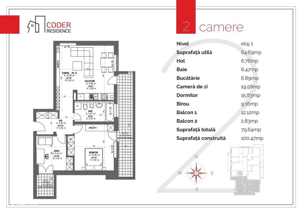 Apartament 3 camere terasa 15 m2 orientare sudica Coder Residence 3