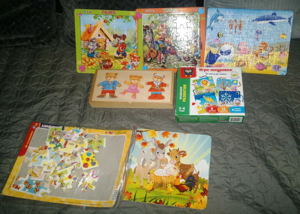 дървени играчки , пъзели, карти, конструктори