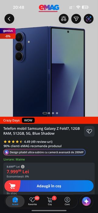 Telefon mobil Samsung Galaxy Z Fold7, 12GB RAM, 512GB, 5G, Blue Shadow