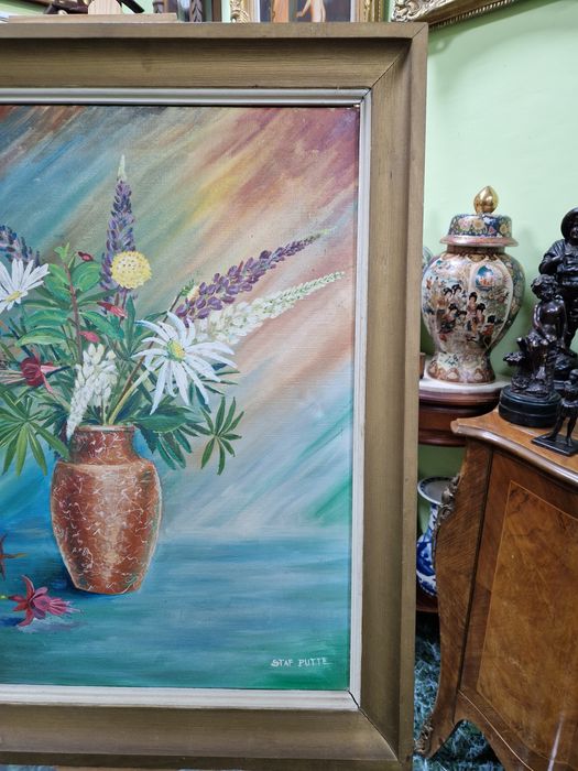 Стар голям антикварен френски натюрморт масло върху платно