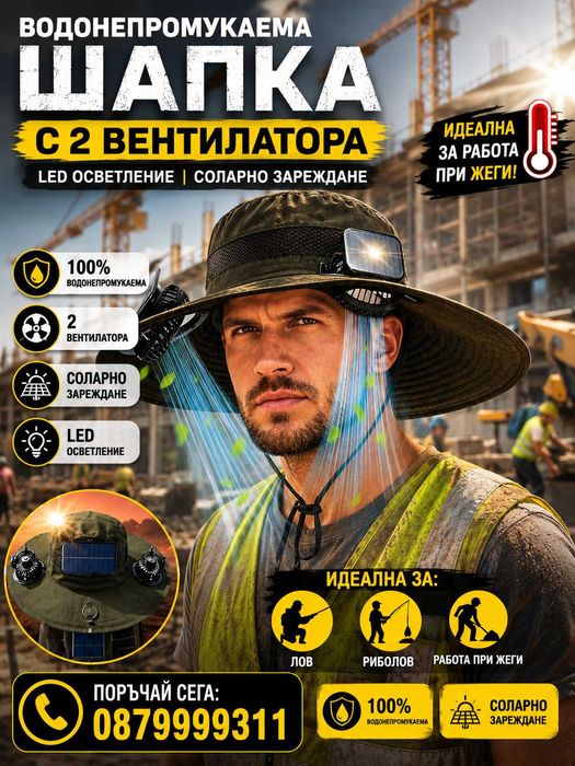 Водонепромукаема шапка с два вентилатора, LED осветление и соларно зареждане – идеална за лов и риболов