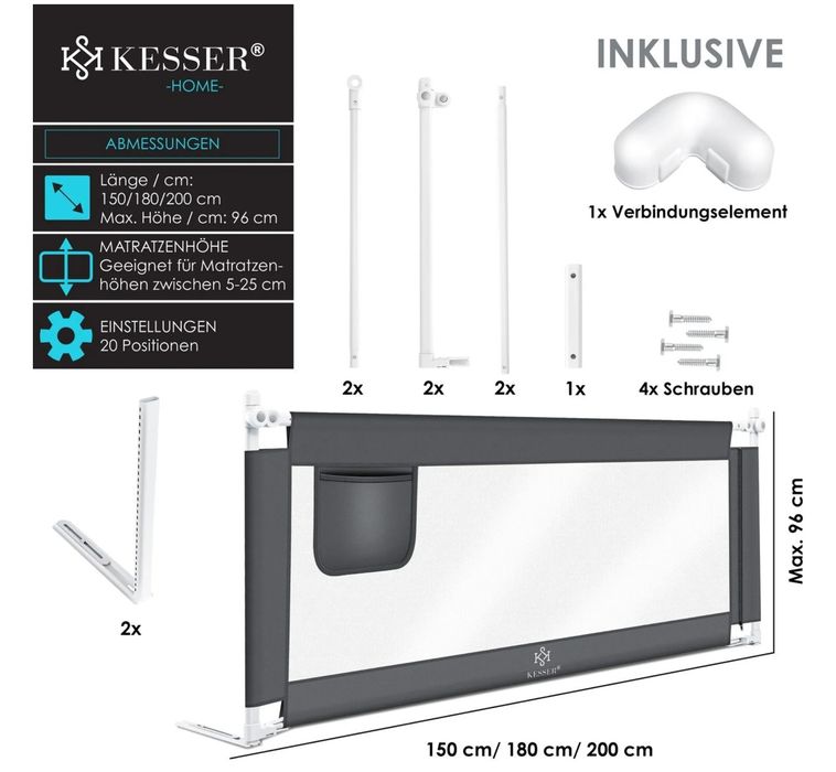 Защитна ограда за детско легло, размери 200 см x 44 см x 72-96 см