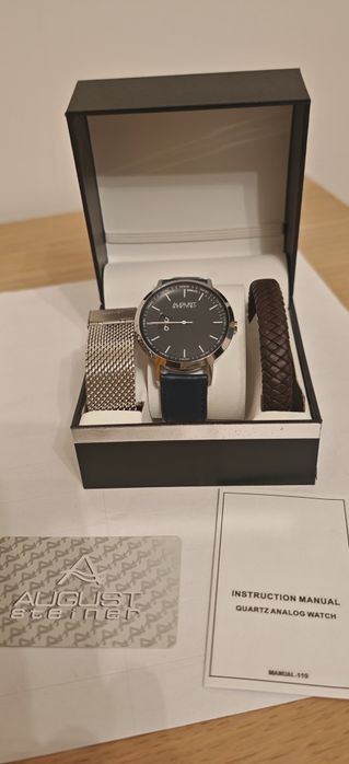 Set ceas (curea de piele + curea metalica) si bratara August Steiner