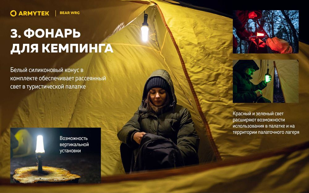 Новинка от Armytek фонарь Bear WRG  с белым, красным и зеленым светом