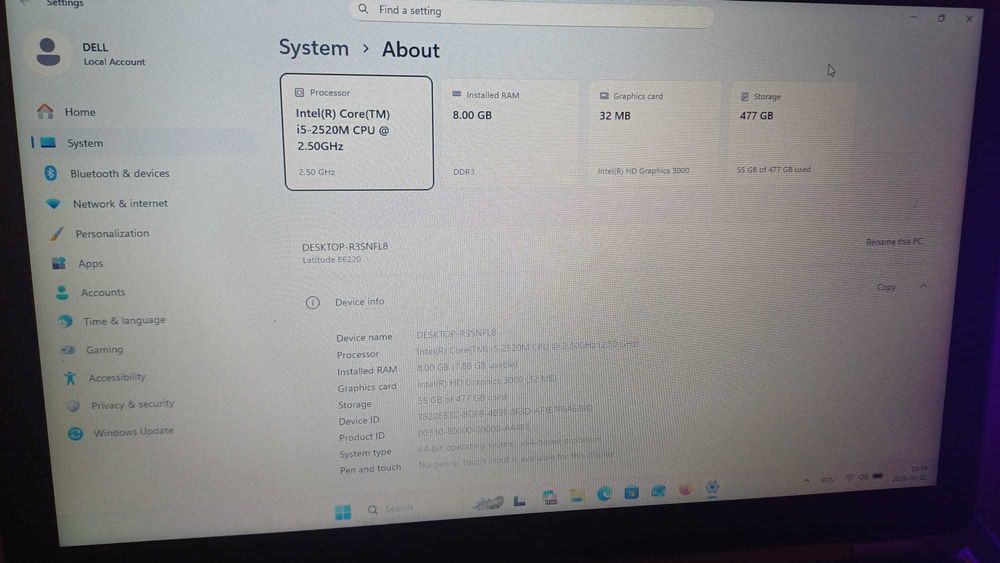 Laptop Dell Latitude E6220 – Intel Core i5‑2520M, 8GB RAM, SSD 512 GB