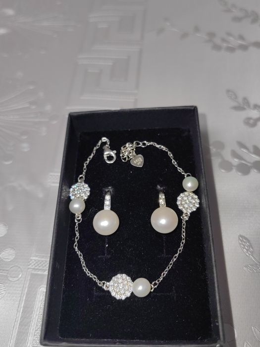 Set argint cercei brățară cu perle + cutie cadou