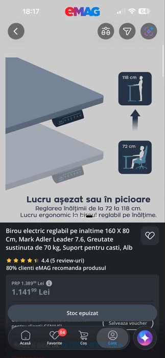 Vand birou electric reglabil pe inaltime 160x80 cm