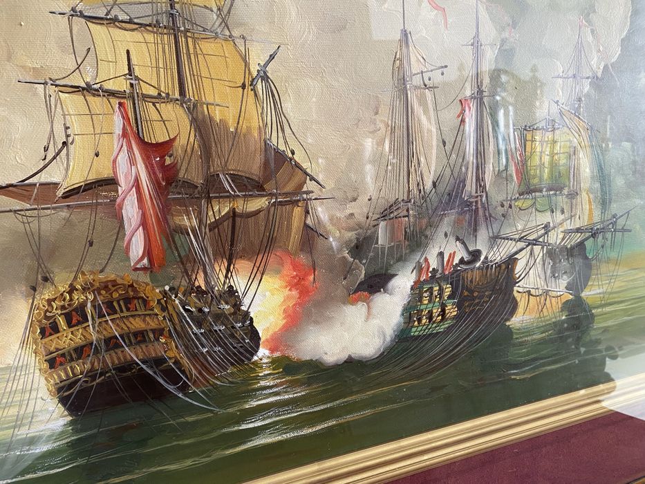 Tablou Vintage Pictura Ulei pe Panza Rama Lemn Razboi Naval