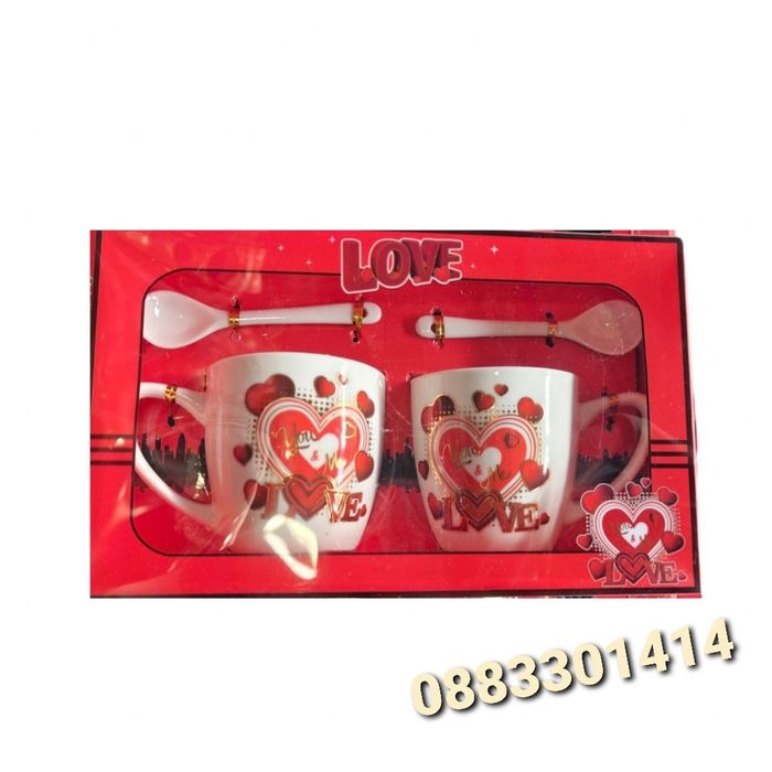 Комплект чаши с лъжички Свети Валентин Сърца Подарък