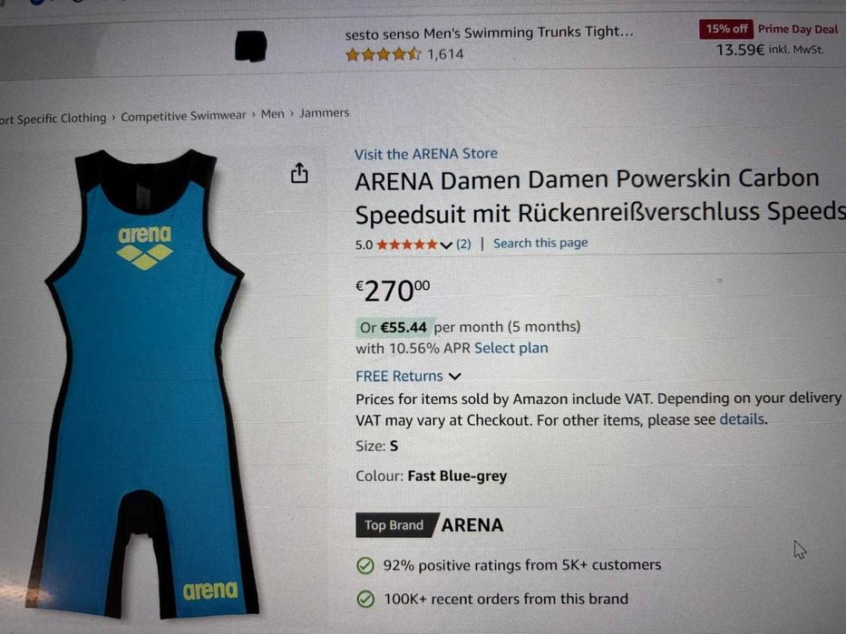 ARENA Powerskin Carbon Speedsuit with Back Zip, Fast Blue-Grey, XS/36