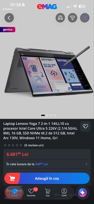 Laptop Lenovo Yoga 7 2-in-1 14ILL10 cu procesor Intel Core Ultra 5 226V ,16 GB, SSD 512 GB
