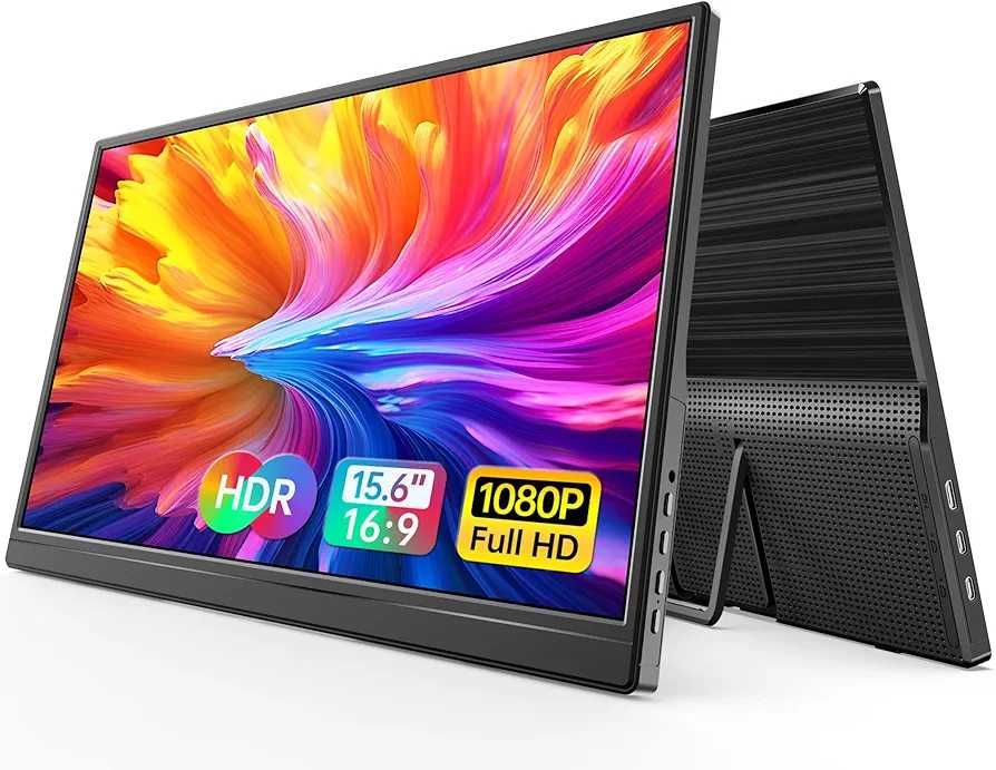 Чисто нов преносим монитор 15.6 инча Full HD (1080p) – HDMI / USB-C, Вградени говорители и стойка