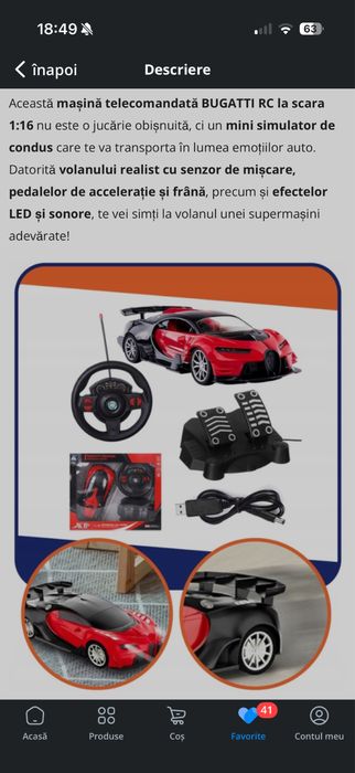 Masina telecomandata Bugatti RC cu volan si pedale telecomandate