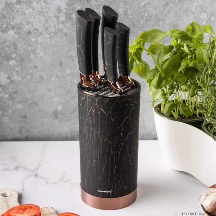 Cutite de bucatarie cu suport, set de 5, negre, cu model maro,