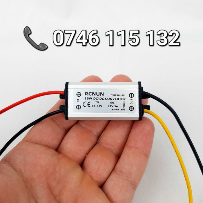 Convertor Tensiune DC-DC 3A Slim 15V–80V la 12V pentru Trotinetă Electrică și Scuter Electric, pentru Semnalizări, Stop, Claxon și Alte Accesorii 12V