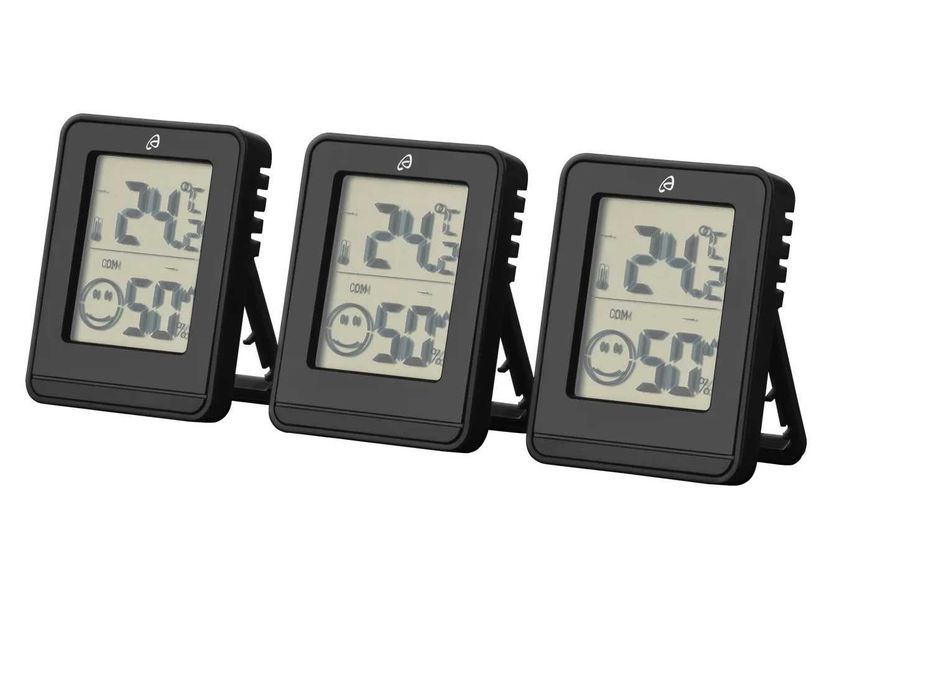 Set de 3 x termometru cu higrometru, culoare neagra , AURIOL, nou, realizat in Germania, util in casa, birou, solarii, vitrine, etc.