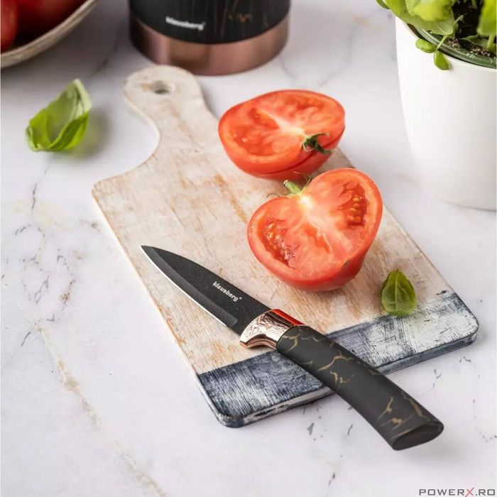 Cutite de bucatarie cu suport, set de 5, negre, cu model maro,