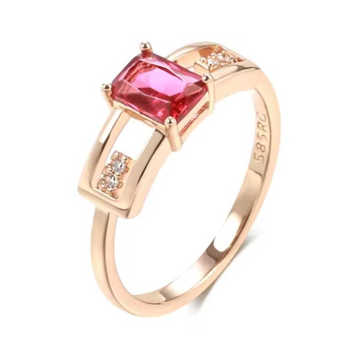 GR5, inel placat aur 14k, model logodna, zirconiu alb/rosu, deosebit